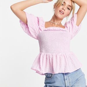 New Look Womens Pink Smocked Puff Sleeve Ruffle Summer Coquette Preppy Top 12